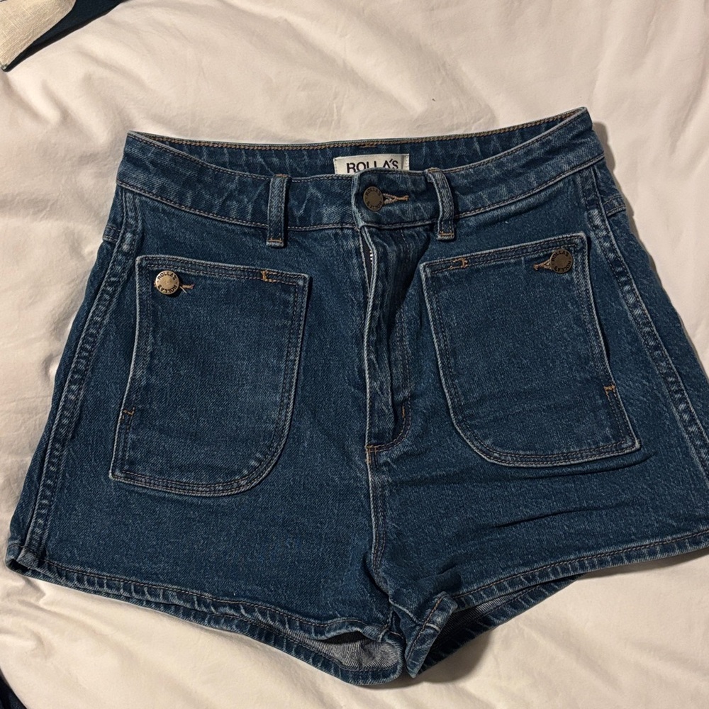 ROLLA'S Dark Blue High-Rise Denim Patch Pocket Shorts